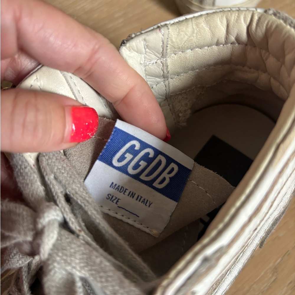 Golden Goose Slide High-Top Sneakers in White and Gray with Gold Logo - Picture 10 of 12